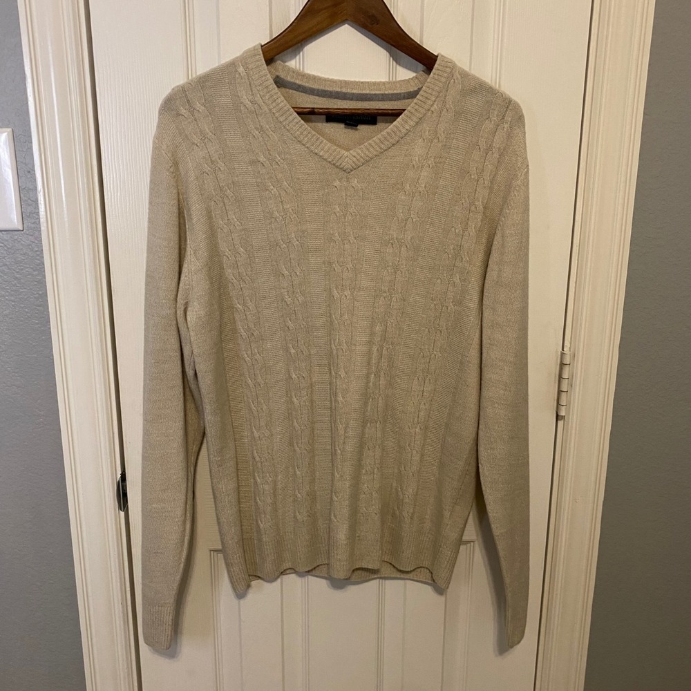 Tricots St Raphael Mens Medium Beige Cable Knit V-Neck‎ Sweater Grandpacore